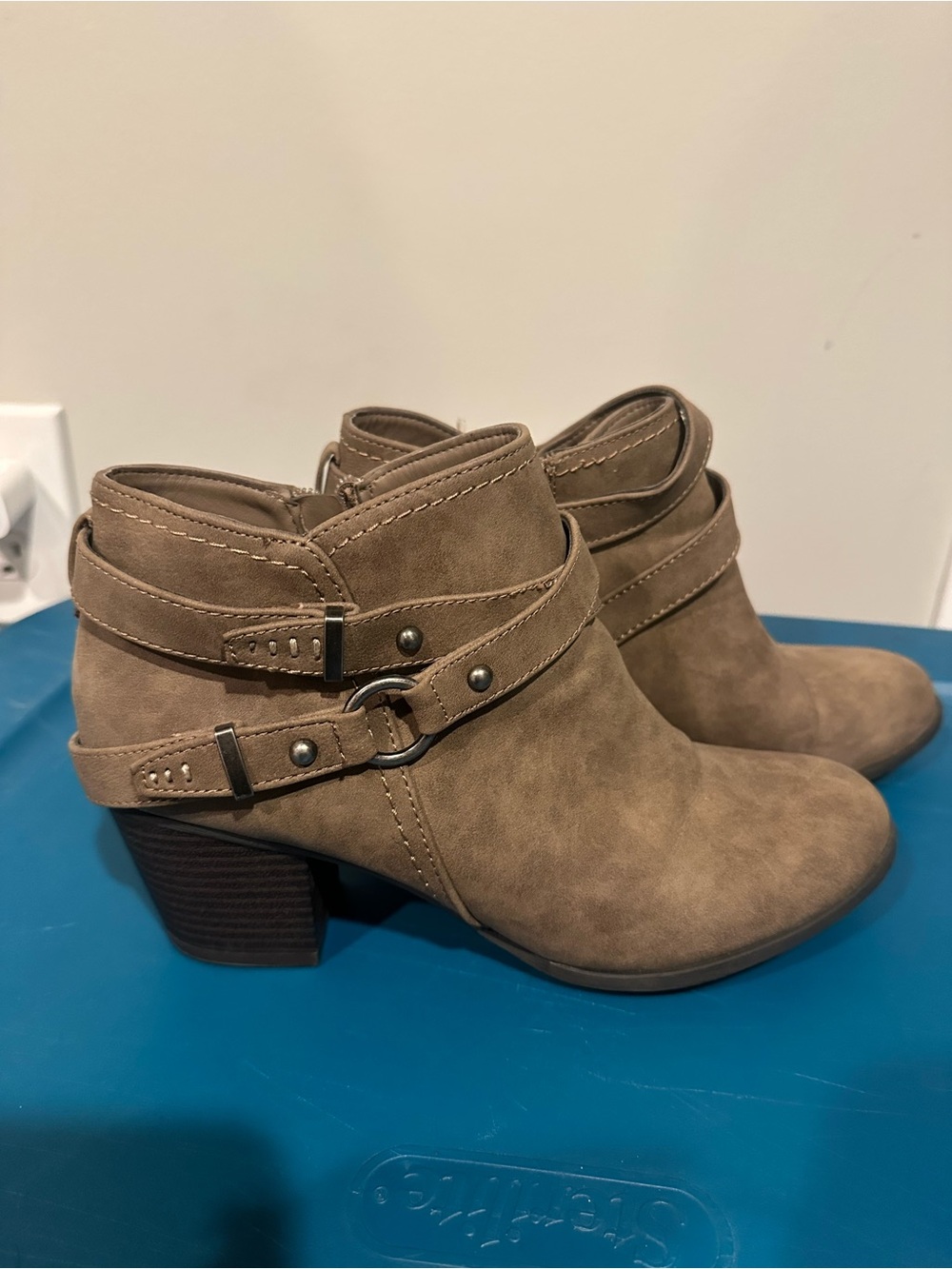 Indigo Taupe Suede-Look Ankle Booties with Strap Detail